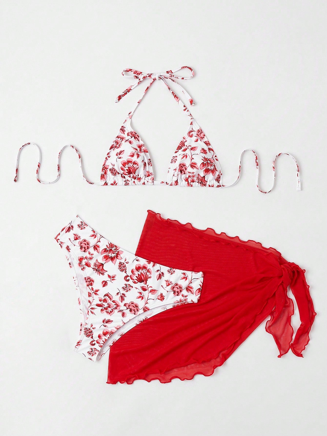 SHEIN Swim Mod Floral Print Halter Triangle Bikini Swimsuit With Beach Skirt