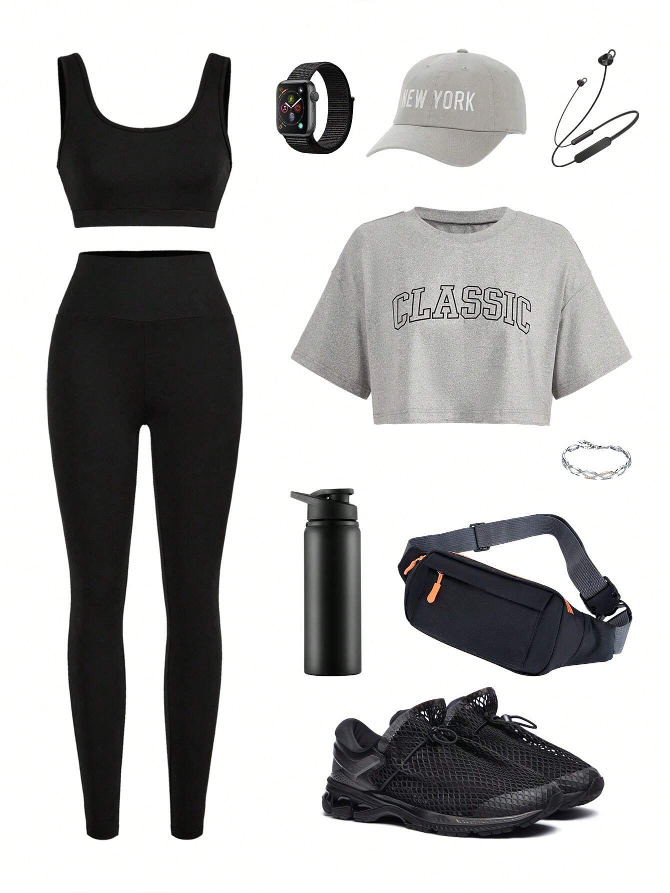 Sport Studio Mesh Printed Vest + Black Basic Slim-Fit Tank Top + &amp; Leggings