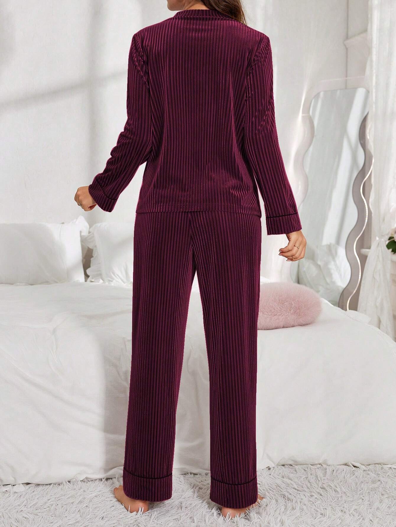 Women Velvet Button-Up Long Sleeve Pajama Set