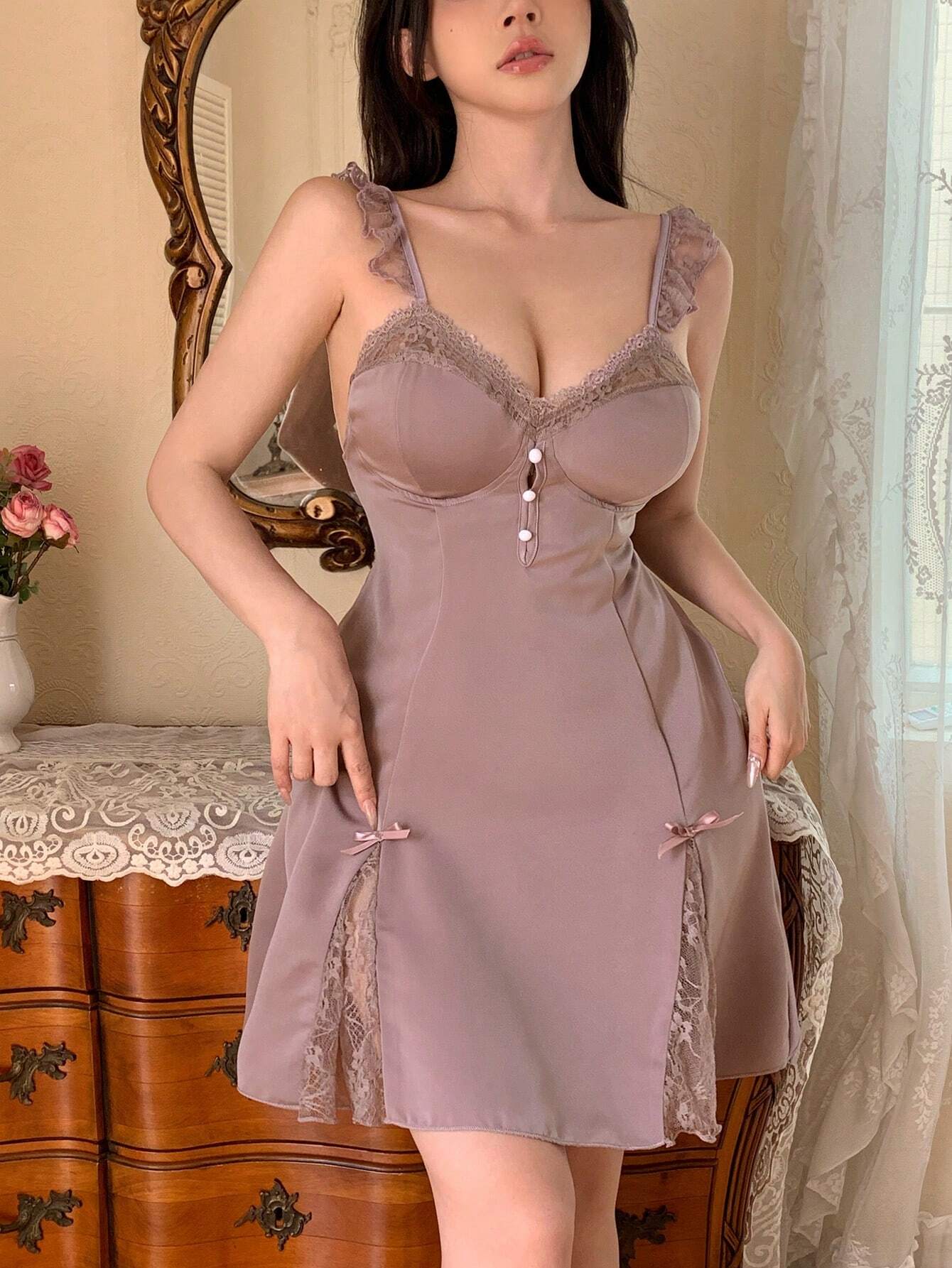 DAZY Women Lace Splice Satin Deep V-Neck Padded Cami Sleep Dress