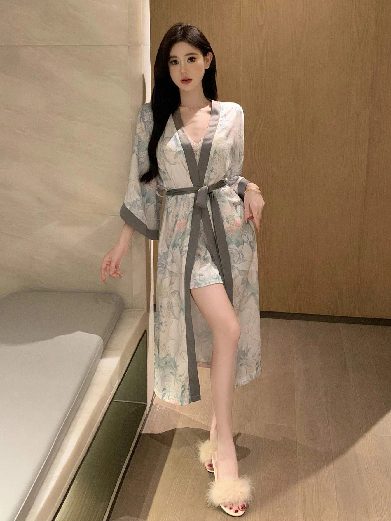 DAZY Floral Printed Patchwork Lace Pajama Set