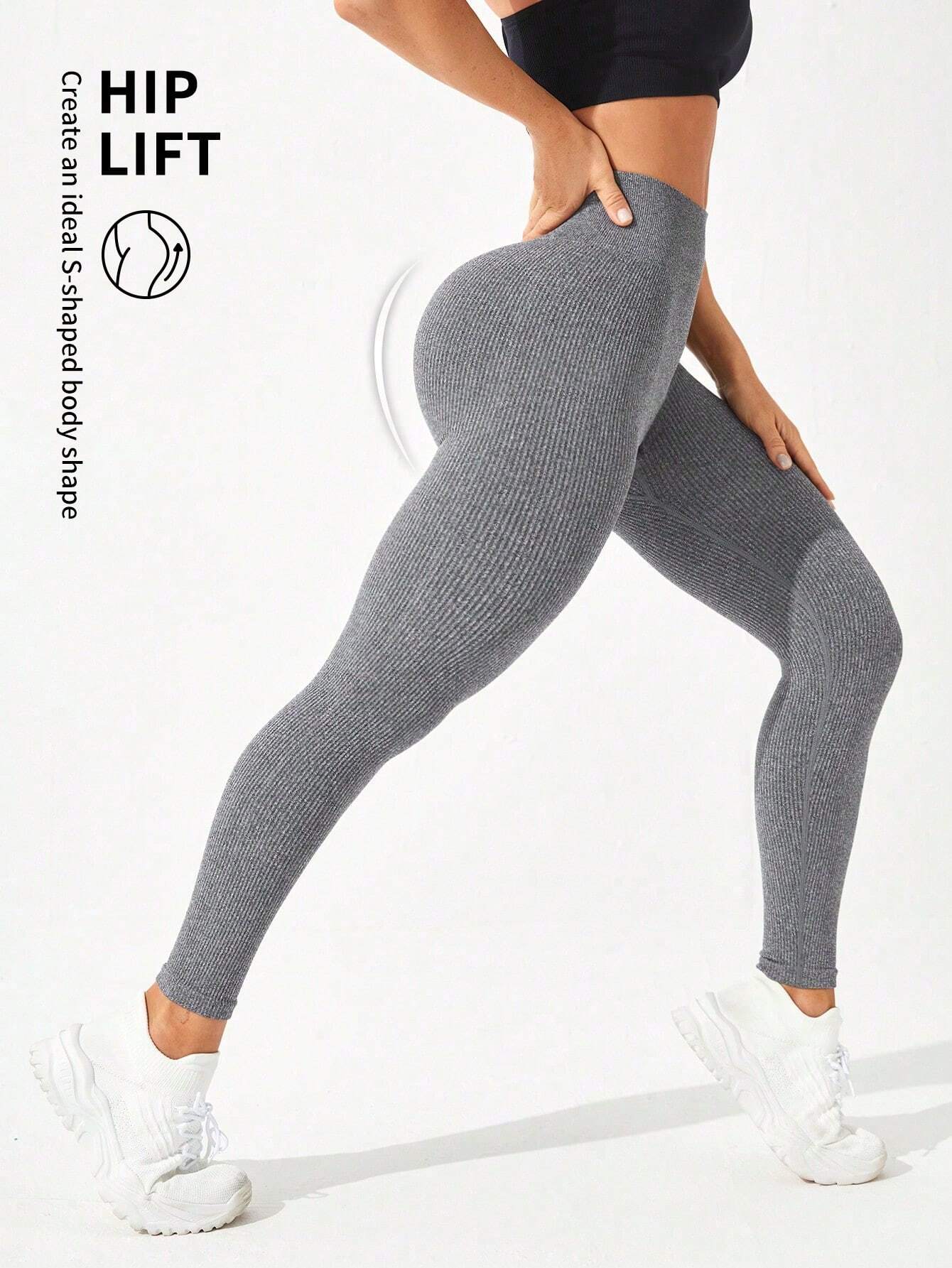 Yoga Basic Solid Wideband Waist Sports Leggings Grey