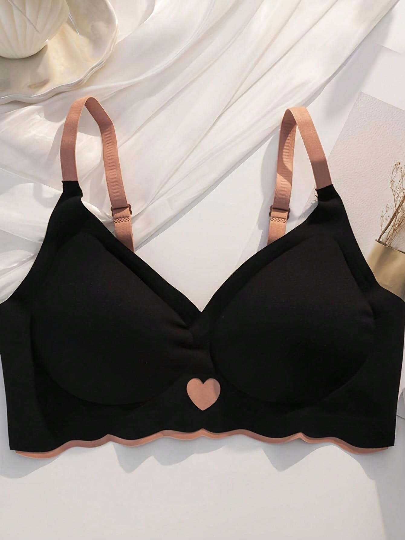 Women's Love Detail Underwear, Invisible, Non-Wired, Wrinkle-Free, Anti-Sagging, Push-Up, Comfortable, Lingerie Black