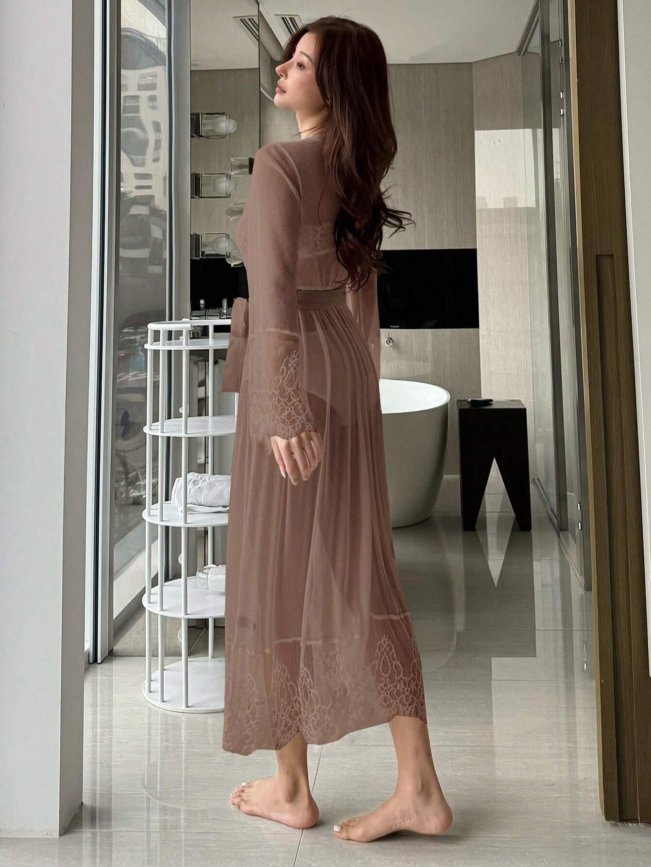 DAZY Sexy Lace Waist Cinching Nightgown With Sheer Luminous Material Patchwork