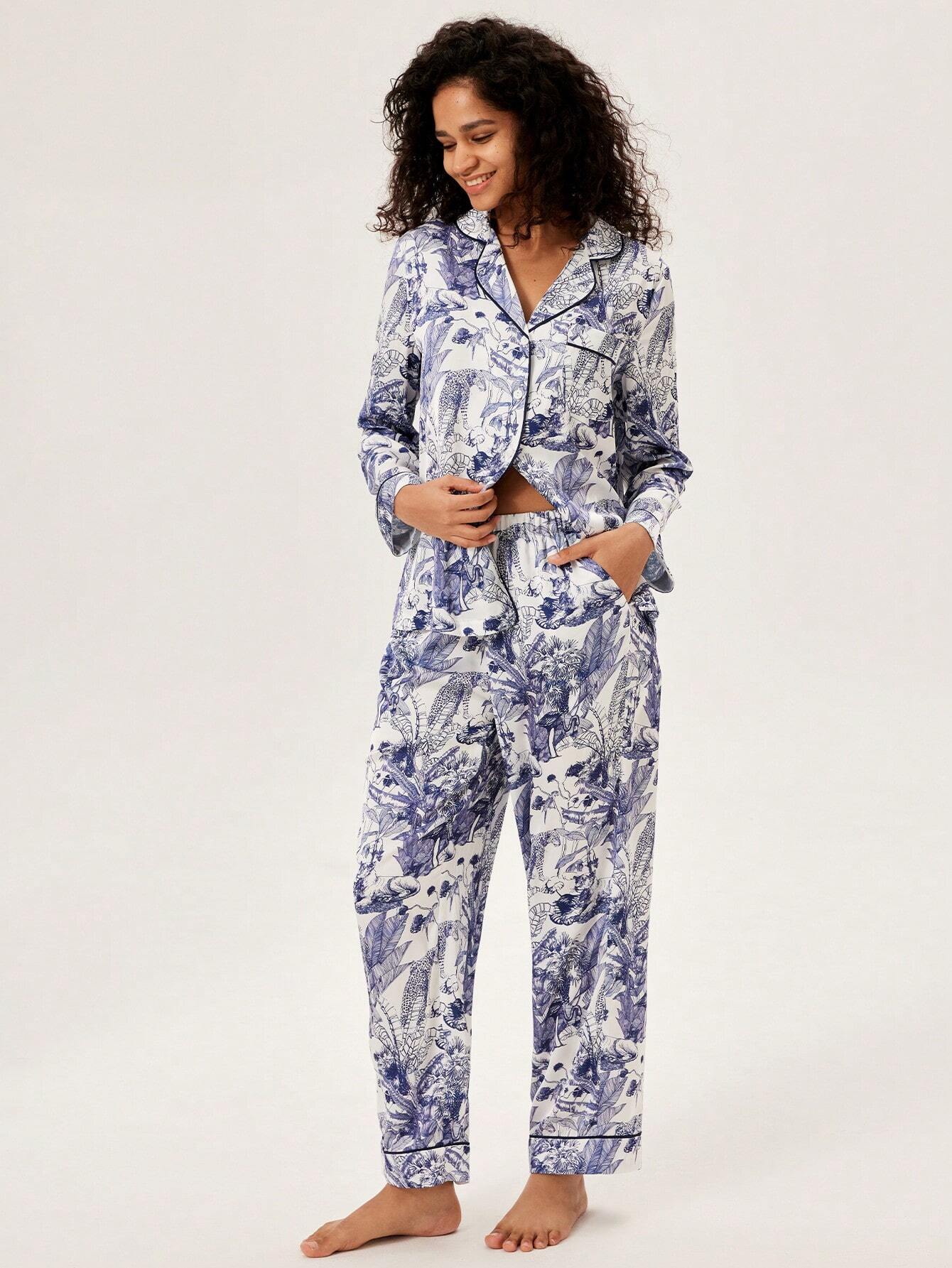 LUVLETTE Floral Pattern Satin Long Pajama Sets