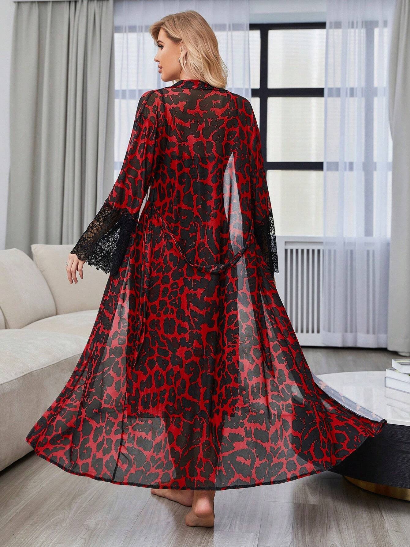 Leopard Print Lace Mesh Slip Dress &amp; Belted Robe Pajama Set