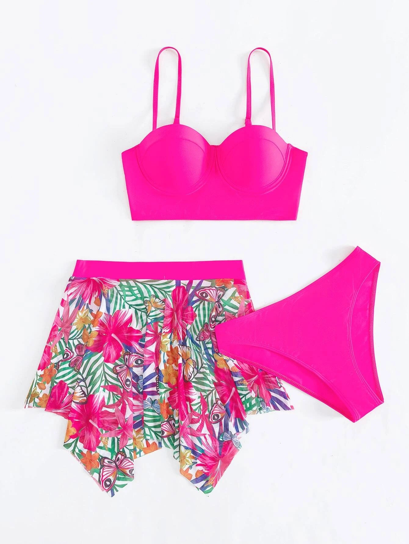 Swim Tropical Print Bikini Set Push Up Bra Top &amp; Bikini Bottom &amp; Beach Skirt 3 Pieces Bikini