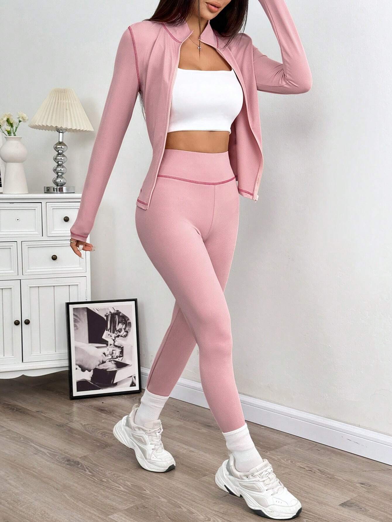 Women's Yoga Sports Contrast Stitch Stand Collar Slim Fit Jacket And Leggings