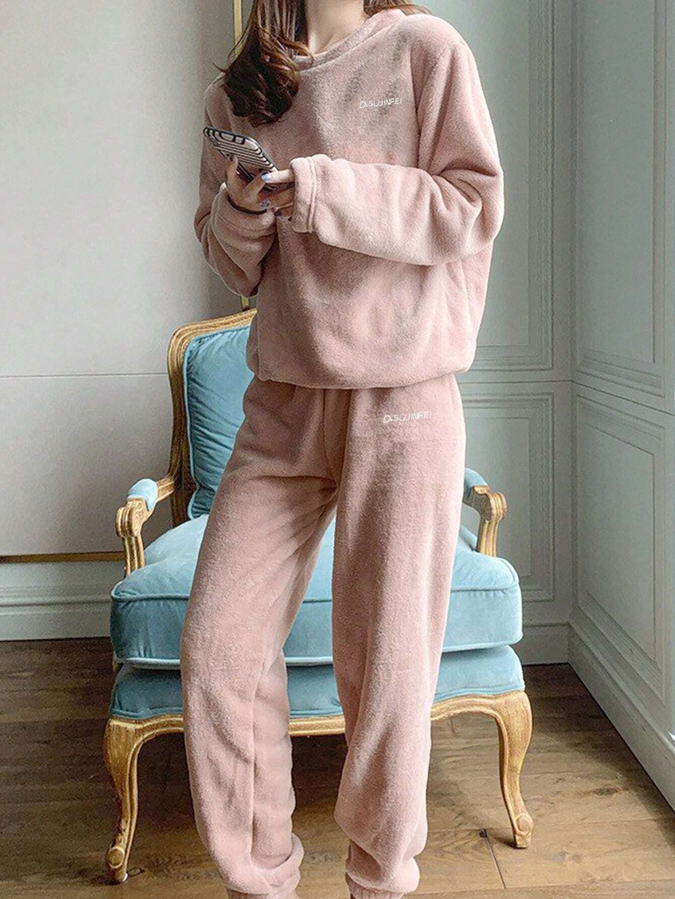 2pcs/Set Women Solid Color &amp; Letter Print Long Sleeve Shirt And Pants Pajama Set Pink