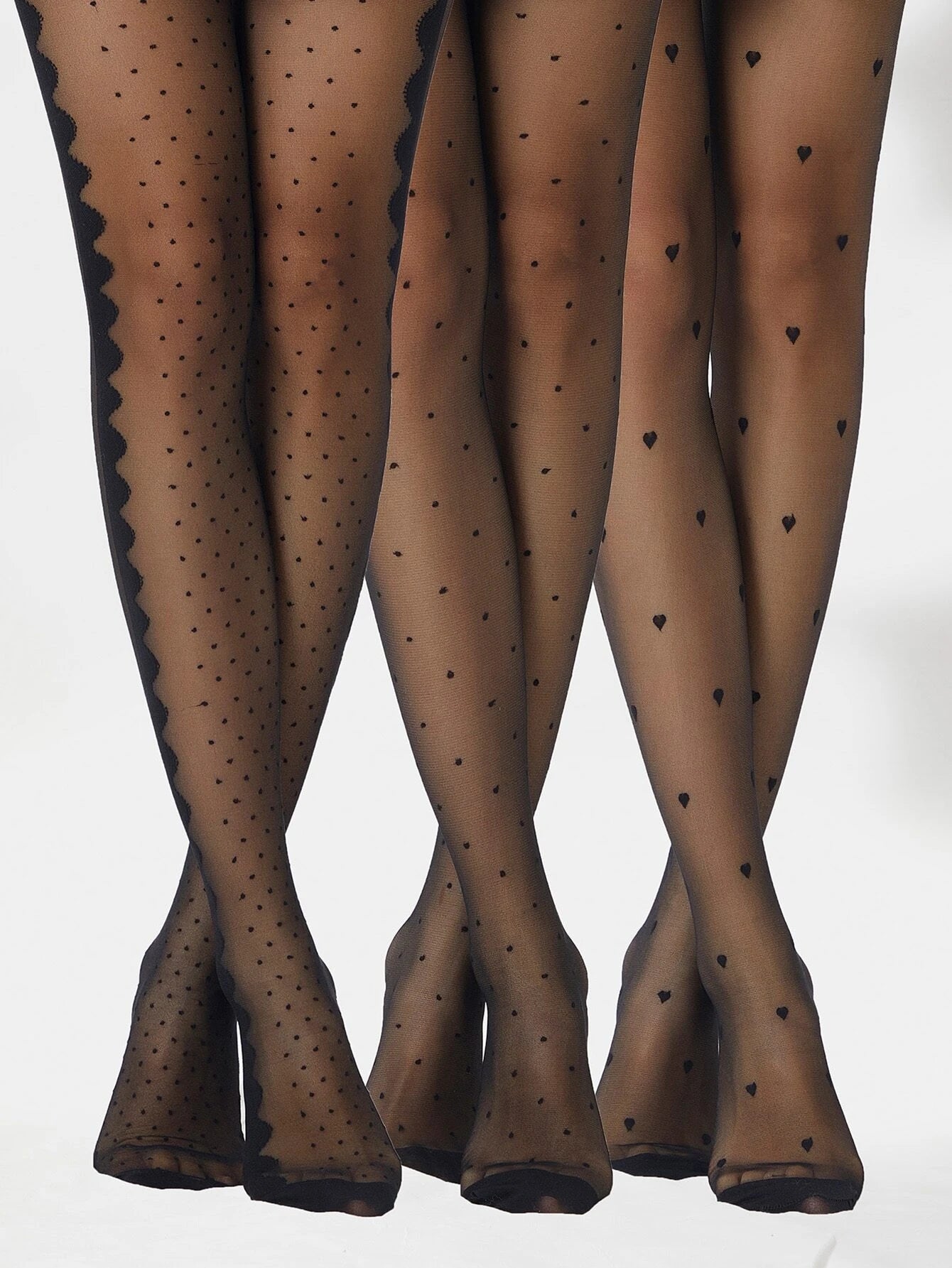 3pairs Polka Dot Pattern Black Tights For Women Black One-Size