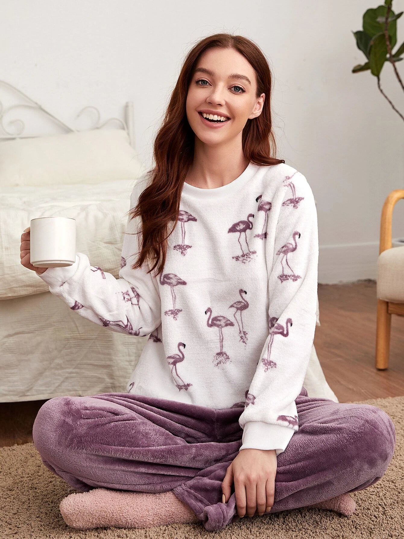 Flamingo Pattern Flannel Top &amp; Pants PJ Set / Pajama Set Multicolor