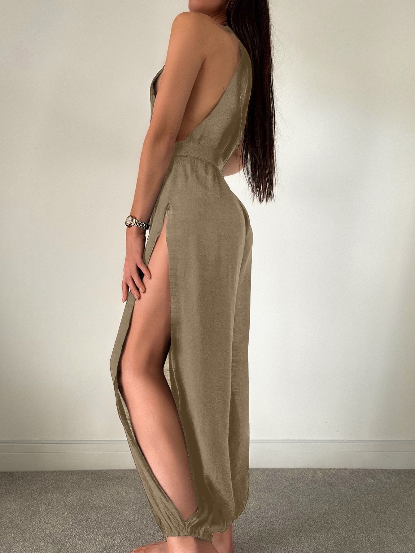 SHEIN Swim Chicsea Solid Split Thigh Belted Halter Neck Cover Up Jumpsuit