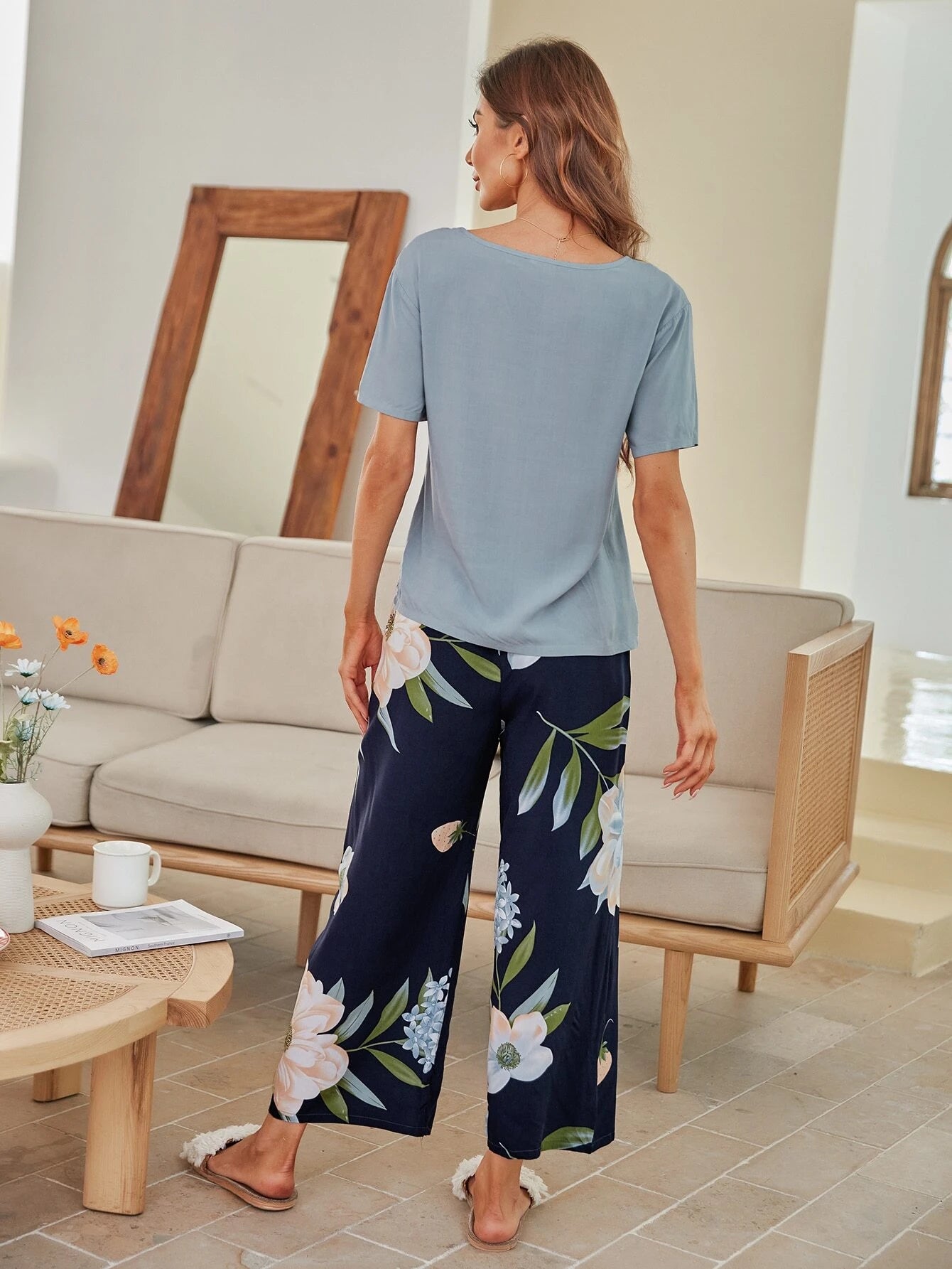 Floral Print Knot Front Pants PJ Set