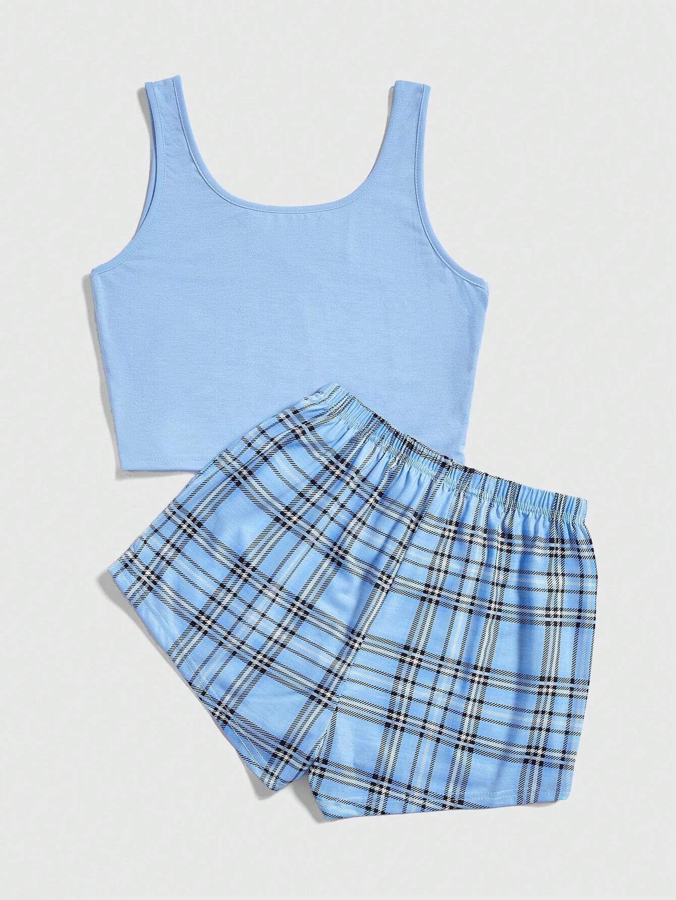 ROMWE Solid Color Sleeveless Top &amp; Plaid Shorts Casual Pajama Set