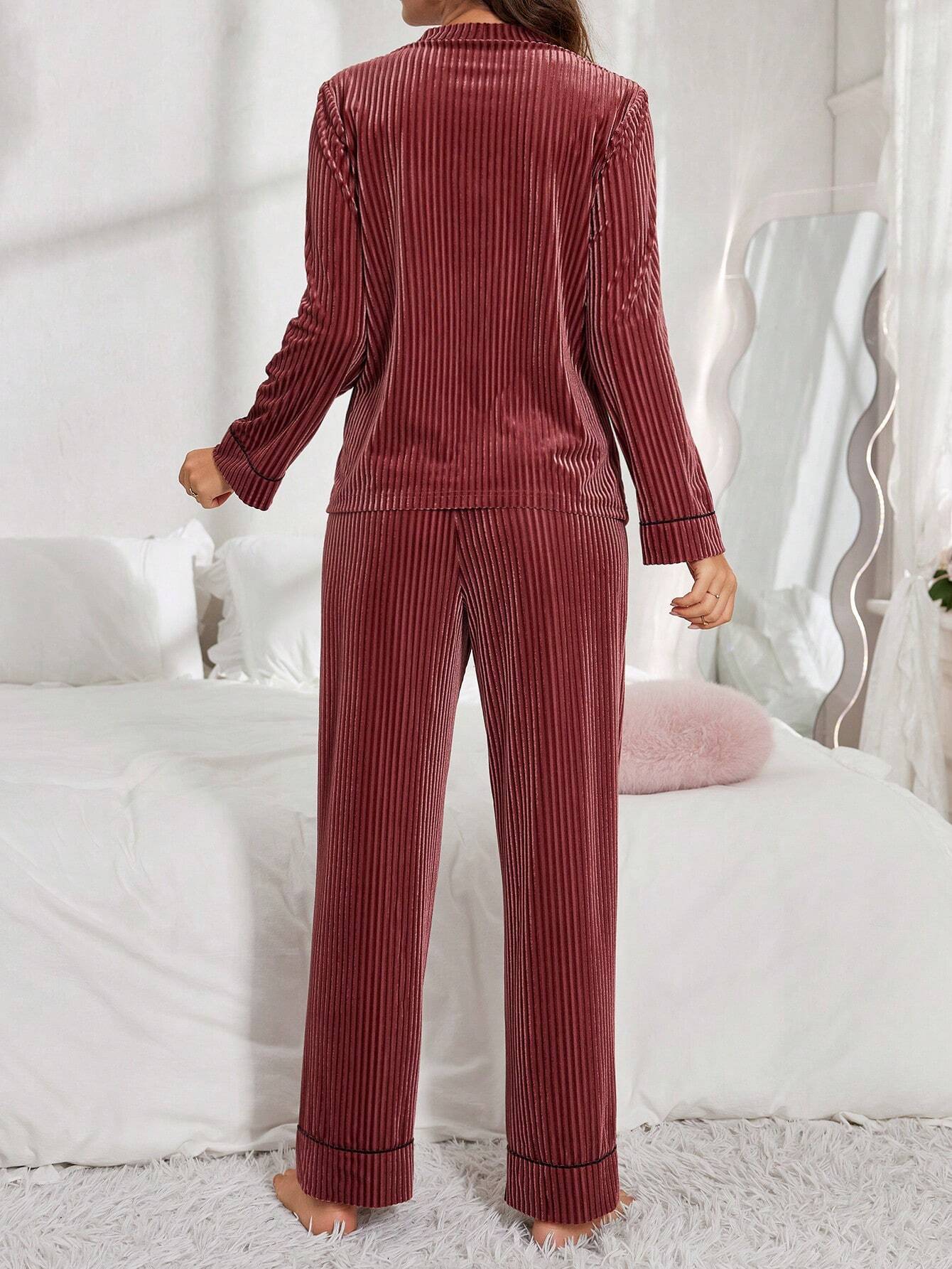 Women Velvet Button-Up Long Sleeve Pajama Set