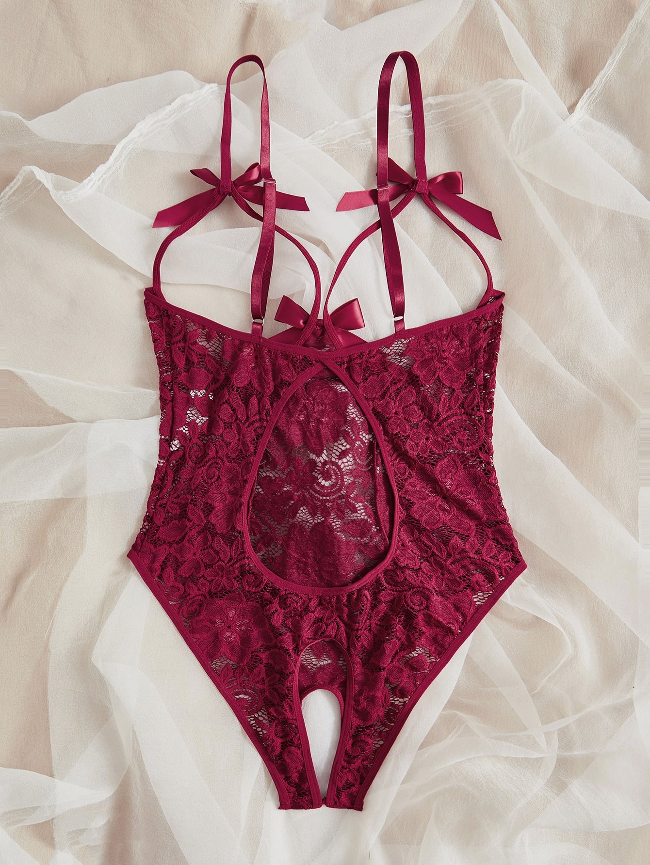 Plus Lace Bow Front Crotchless Teddy Bodysuit