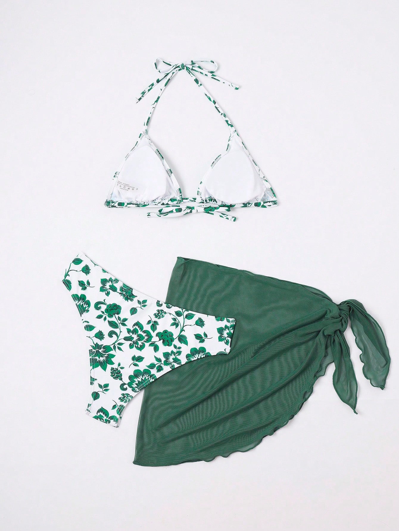 SHEIN Swim Mod Floral Print Halter Triangle Bikini Swimsuit With Beach Skirt