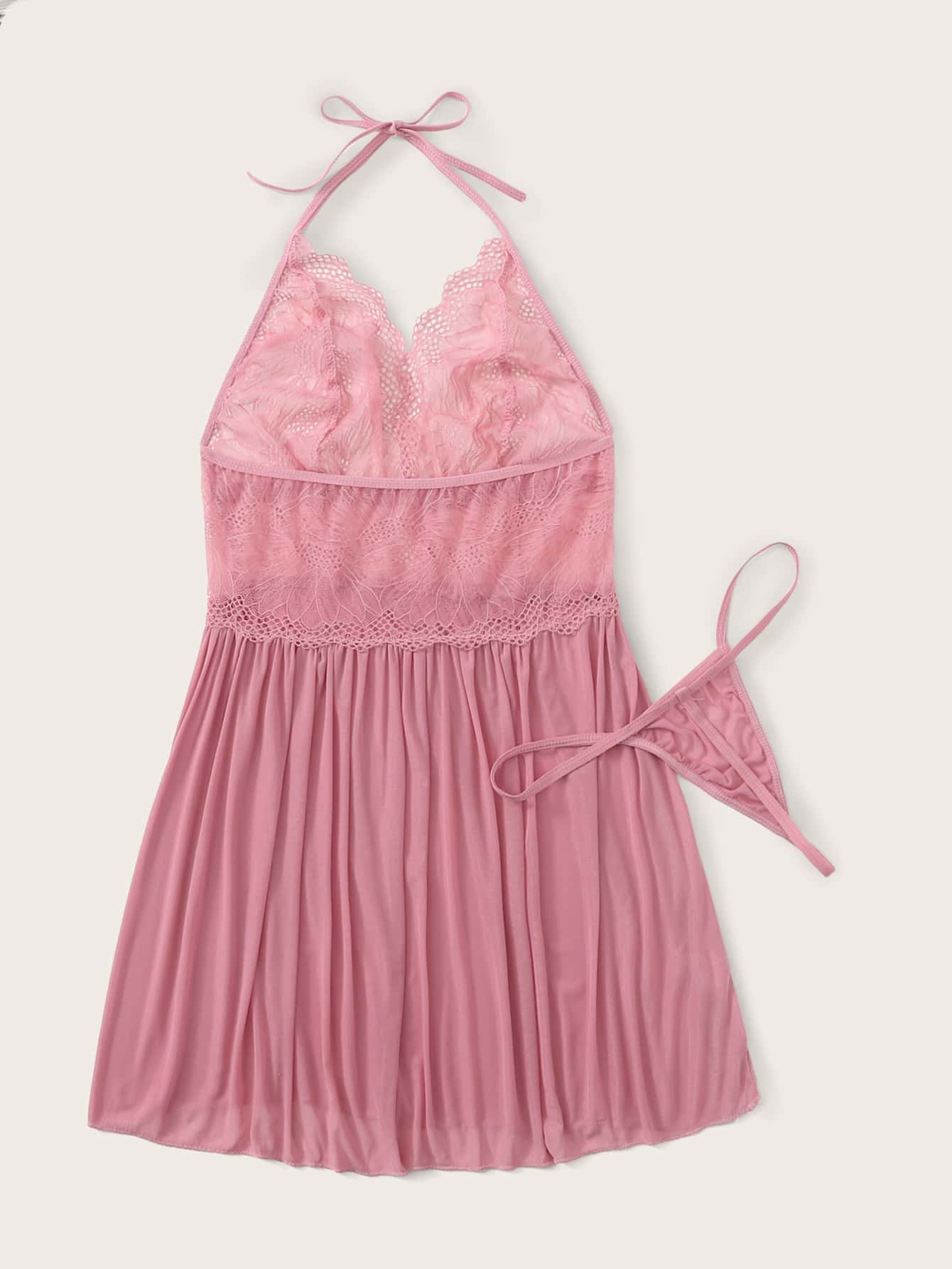 Contrast Lace Mesh Halter Slips With Thong