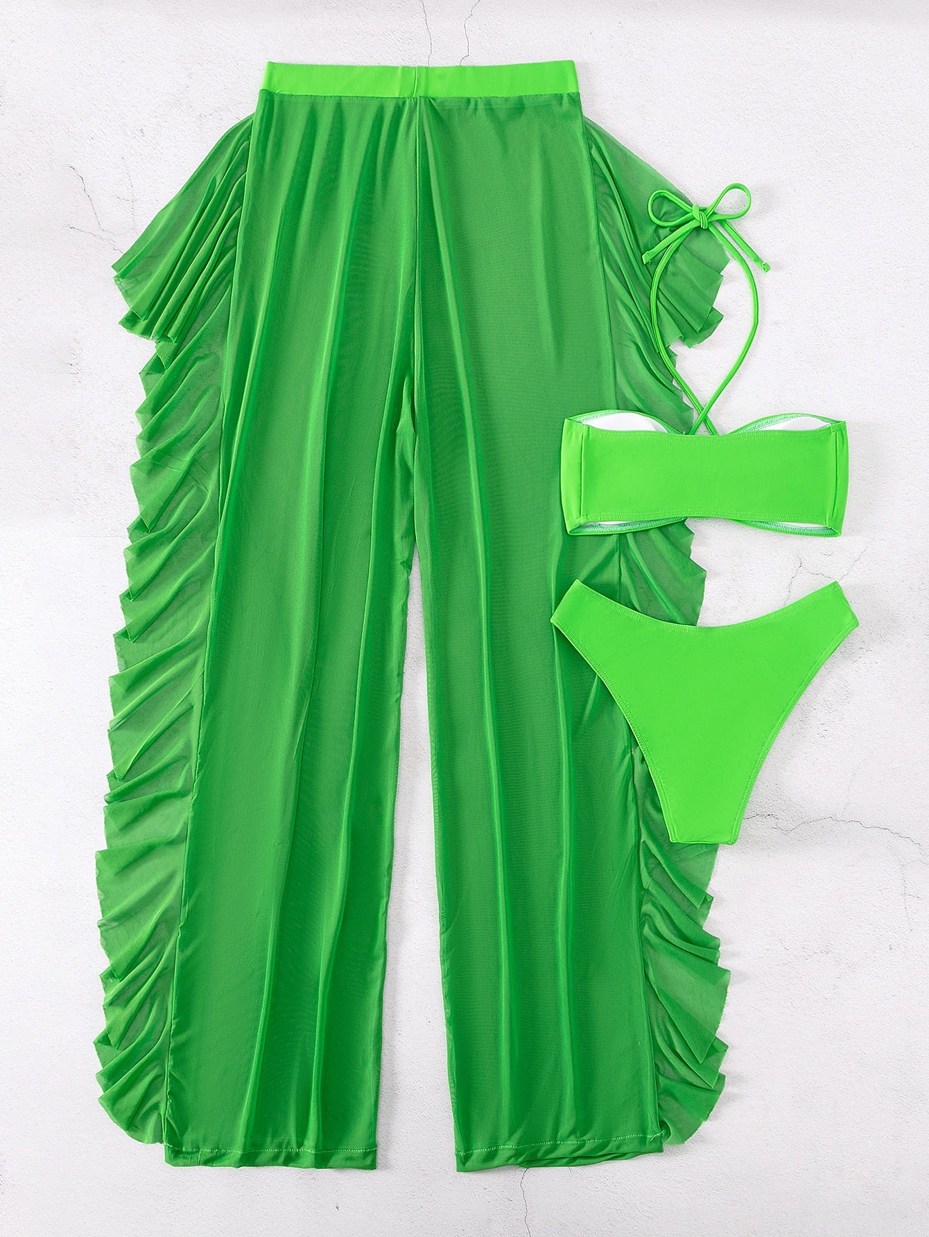 SHEIN Swim SXY Mono Bikini Set Crisscross Halter Wireless Bra Top &amp; High Cut Bikini Bottom &amp; Mesh Cover Up Pants 3 Piece Swimsuit