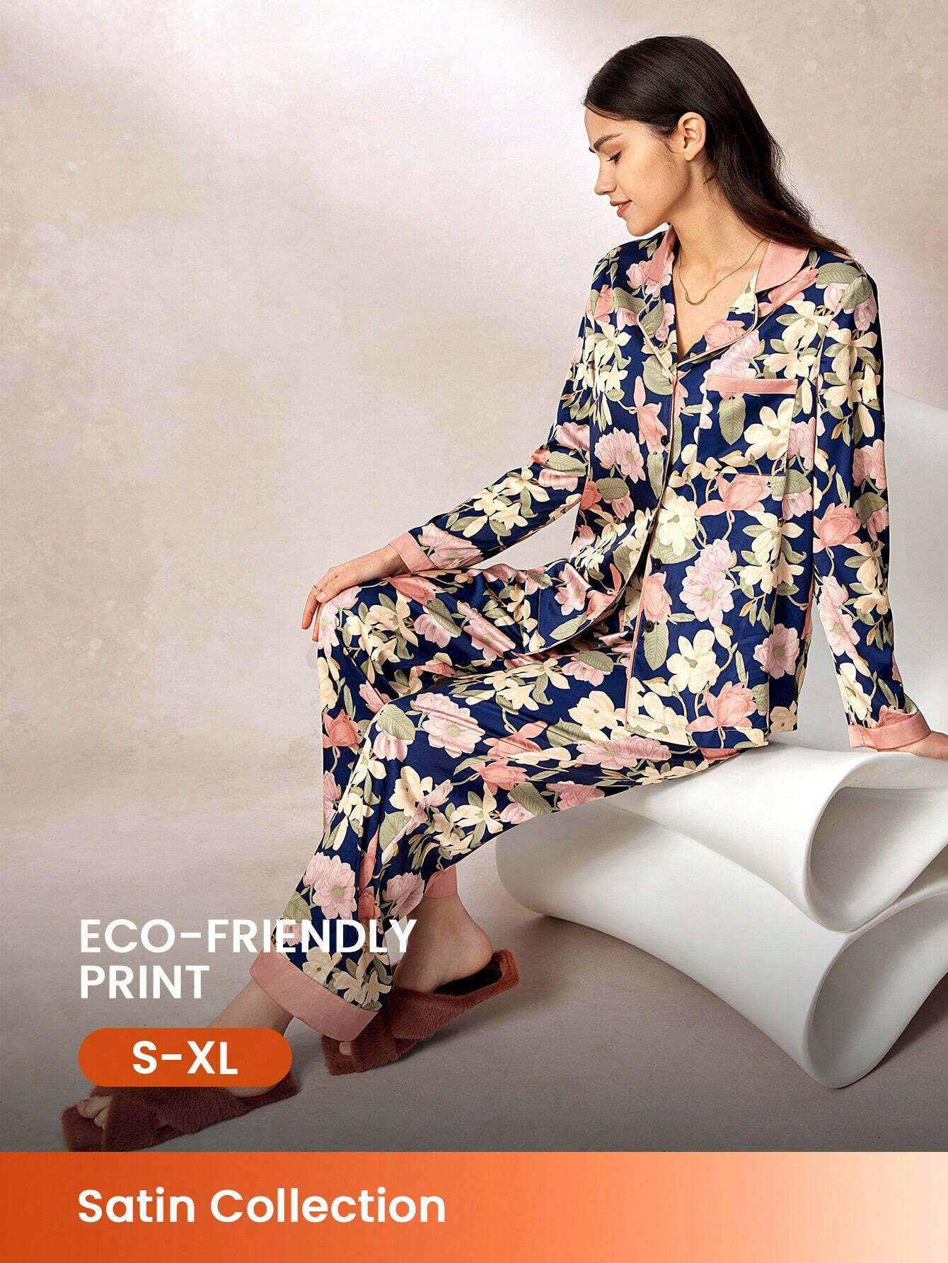 LUVLETTE Chinese Ink Painting Flora Print Satin Long Women Pajama Sets