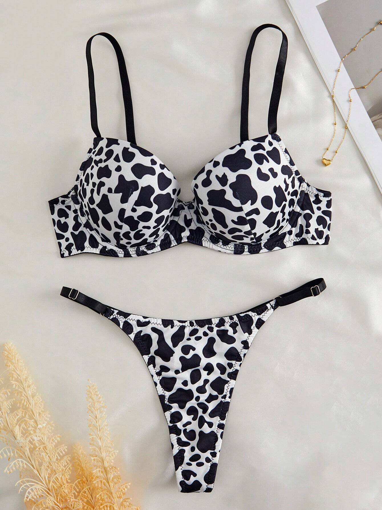 Leopard Print Underwire Bra &amp; Panty Lingerie Set Black & White