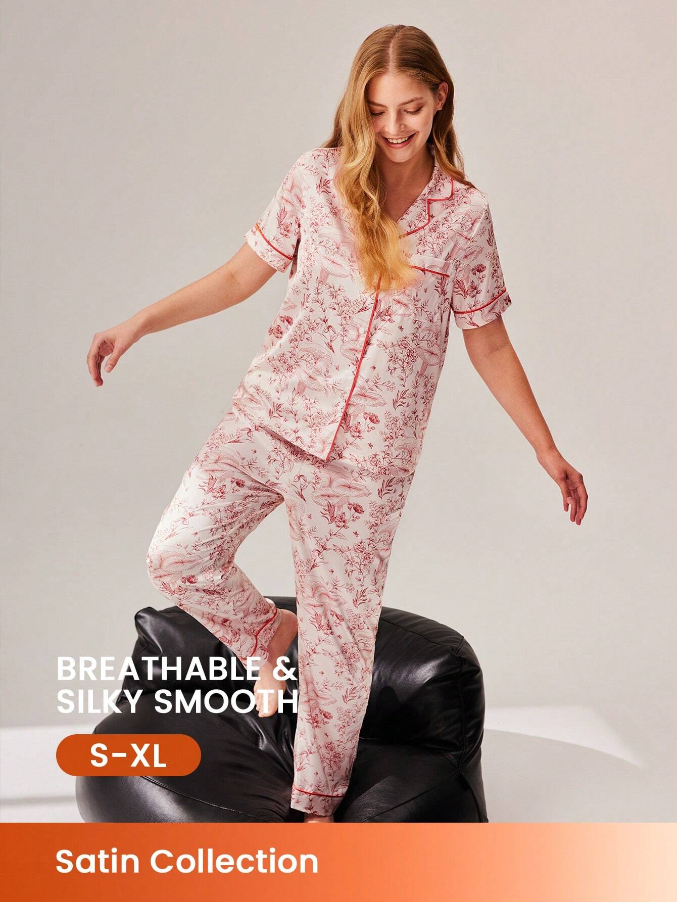 LUVLETTE Satin Floral Short-Sleeve Button-Up &amp; Pants Women Pajama Set