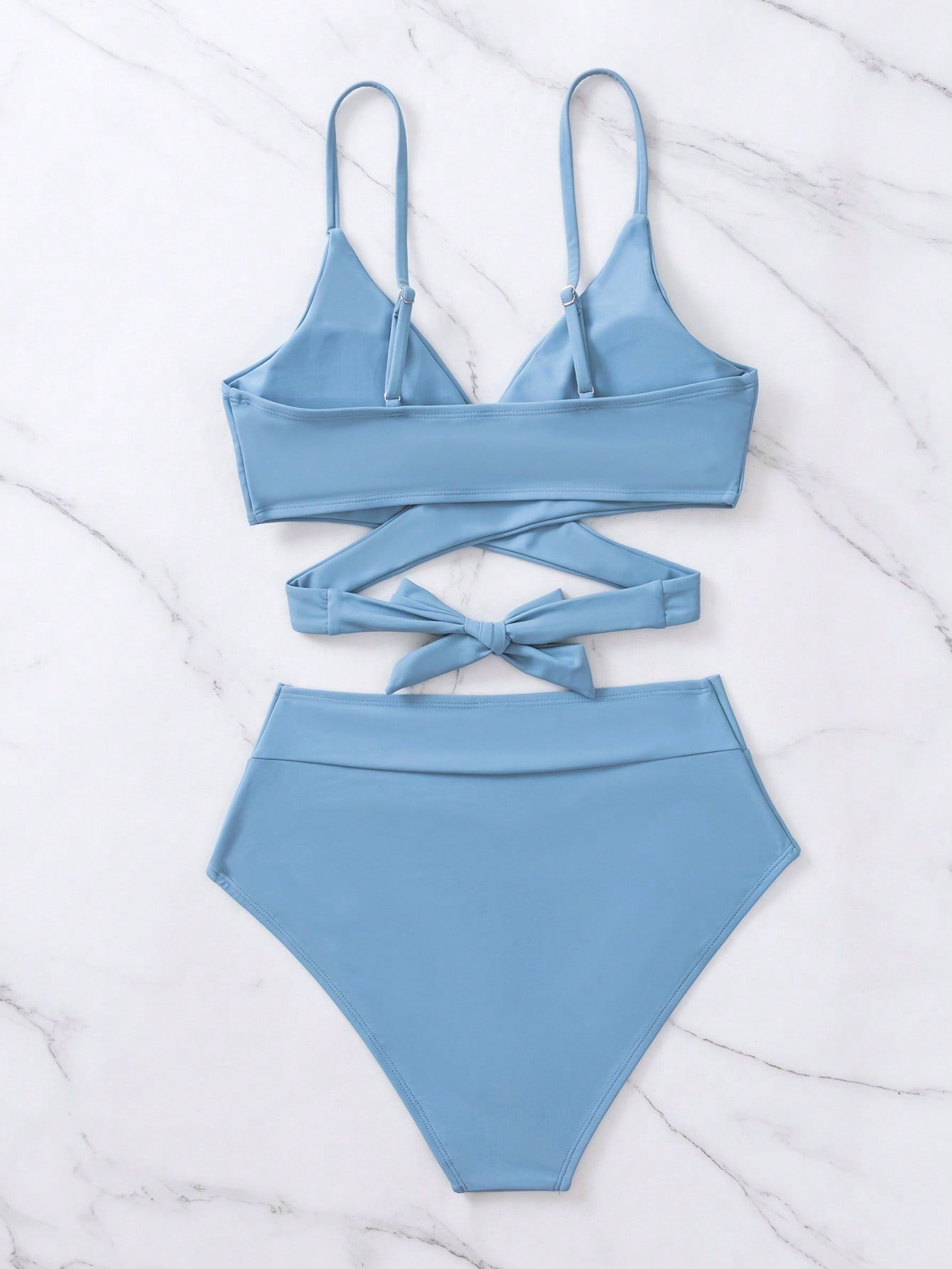 SHEIN Swim Basics Solid Bikini Set Crisscross Tie Back Bra &amp; Overlap High Waisted Bottom 2 Piece Bathing Suit