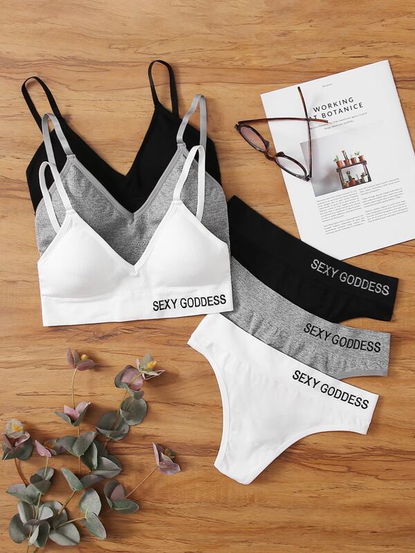 3sets Rib Letter Graphic Lingerie Set