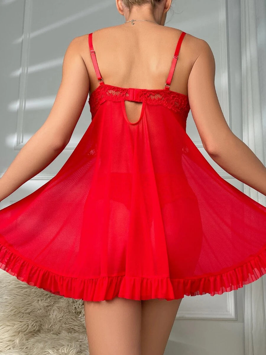 Contrast Lace Ruffle Trim Mesh Slips With Thong