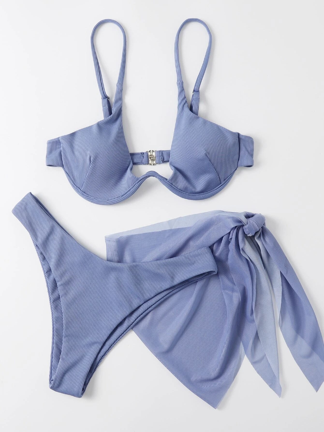 wim Summer Beach 3packs Rib Underwire Bikini Set &amp; Beach Skirt Matching Set Dusty Blue