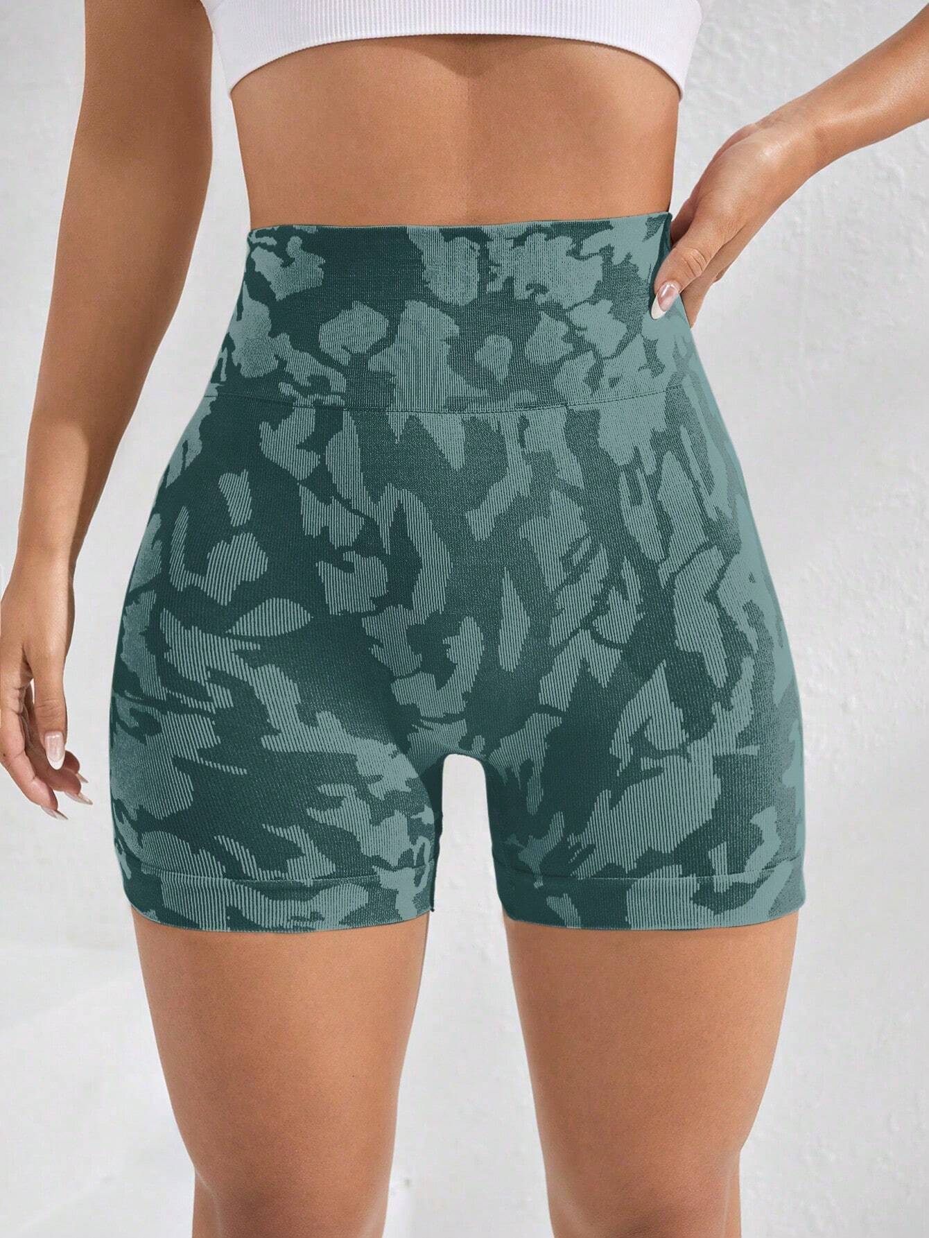 Yoga Trendy Camo Print Wideband Waist Sports Shorts Blue Shorts
