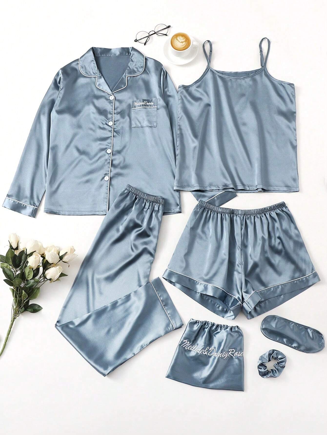 7pcs Contrast Binding Satin PJ Set / Pajama Set