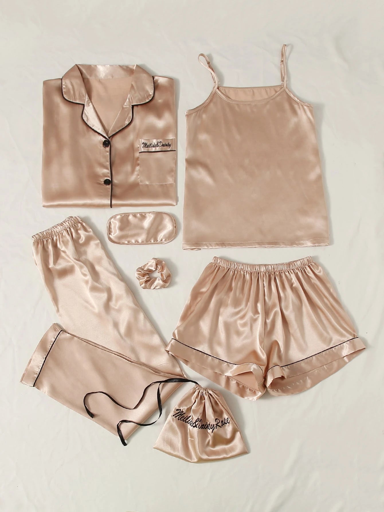 7pcs Contrast Binding Satin PJ Set / Pajama Set