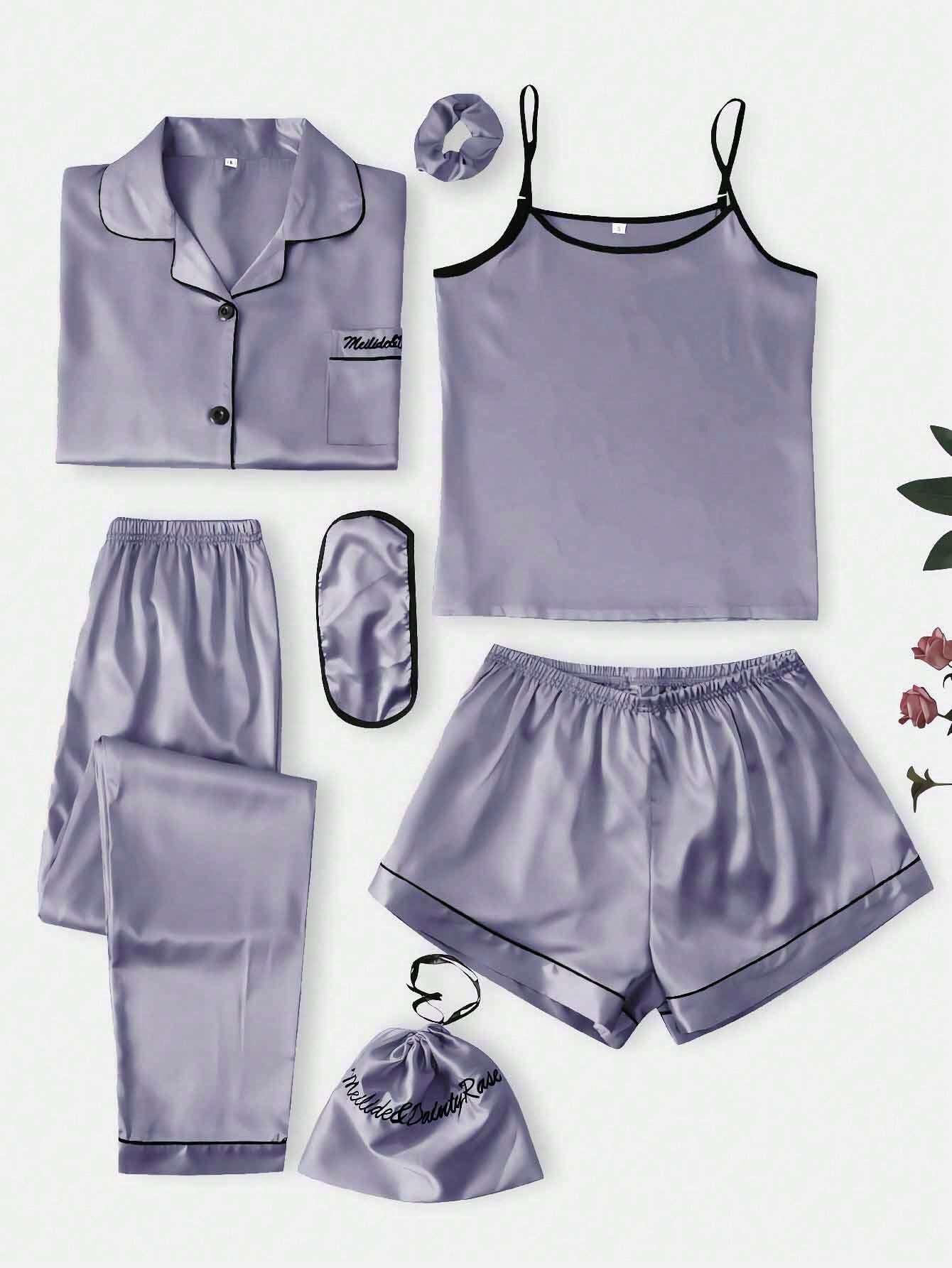 7pcs Contrast Binding Satin PJ Set / Pajama Set