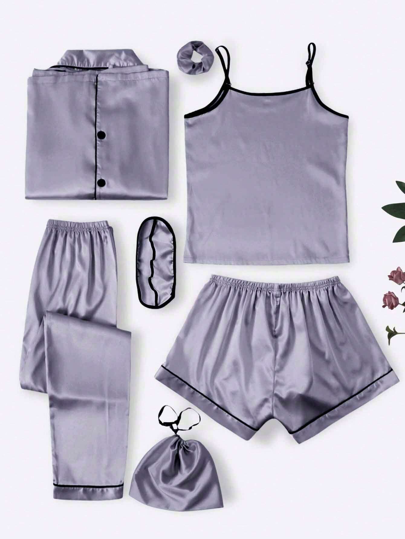 7pcs Contrast Binding Satin PJ Set / Pajama Set