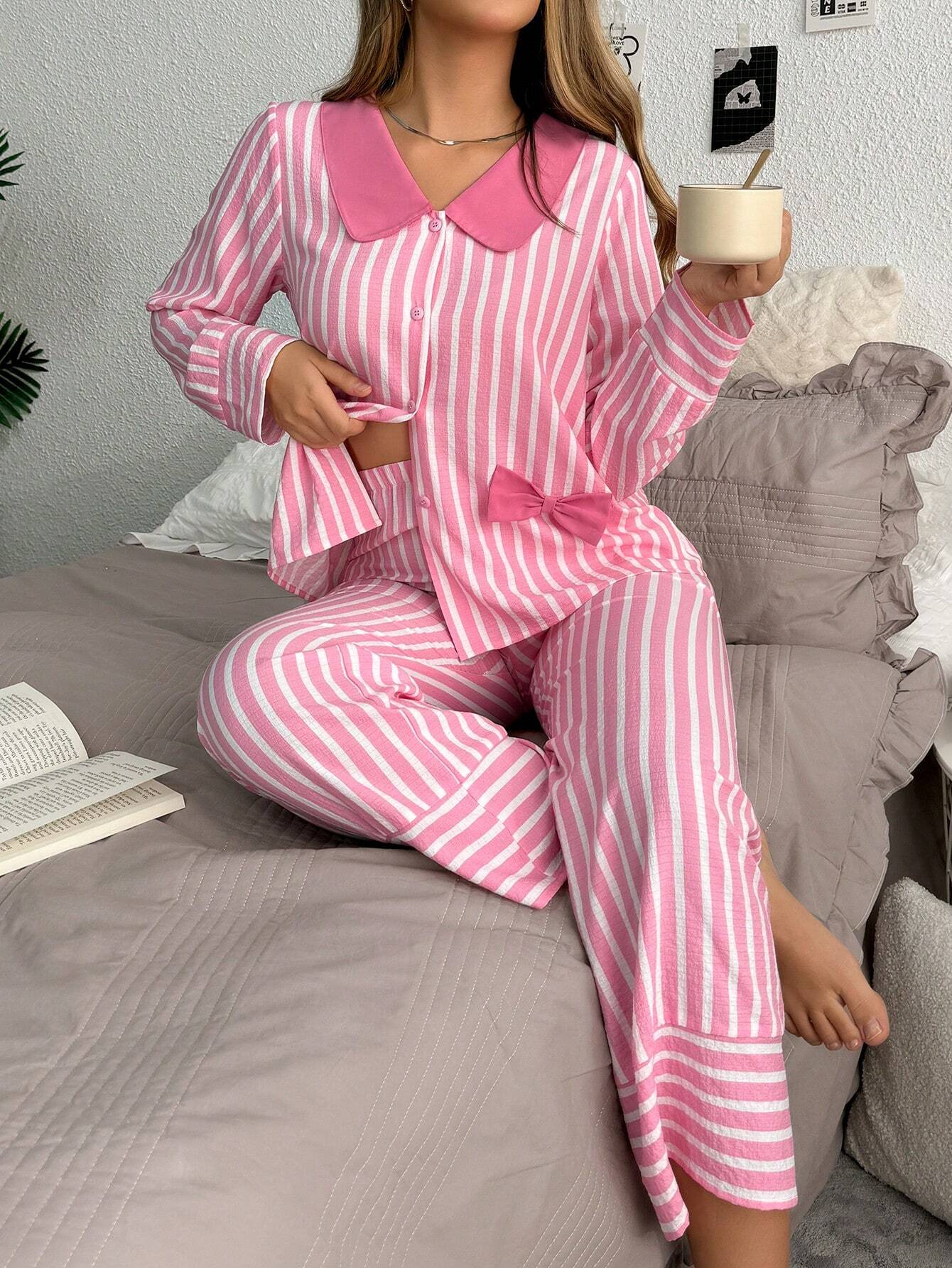 SweetSlumber Contrast Stripe Single Breasted Long Sleeve Top &amp; Pant Women Pajama Set