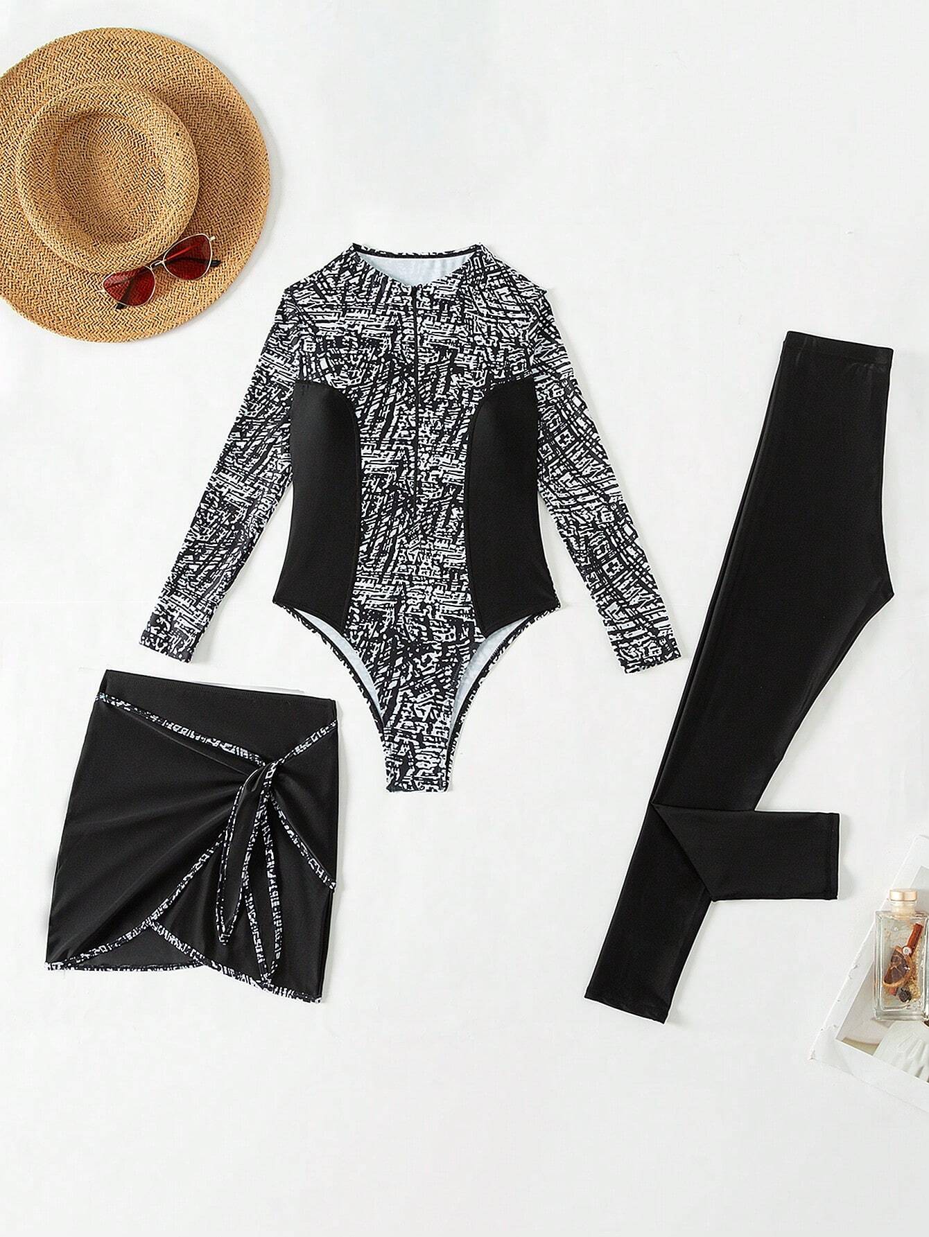 Swim Mulvari Summer Beach Ladies' Solid Color Pants &amp; Floral Patchwork Cover Up Skirt And One Piece Swimsuit Set