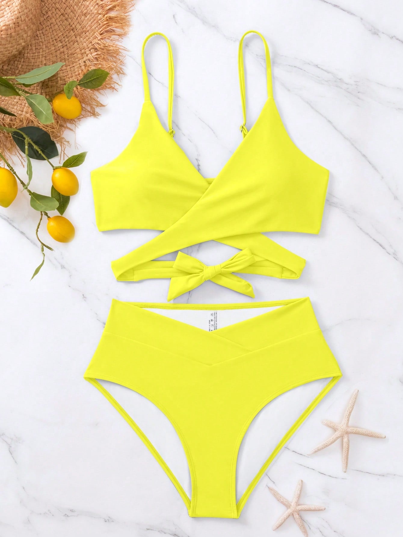 SHEIN Swim Basics Solid Bikini Set Crisscross Tie Back Bra &amp; Overlap High Waisted Bottom 2 Piece Bathing Suit