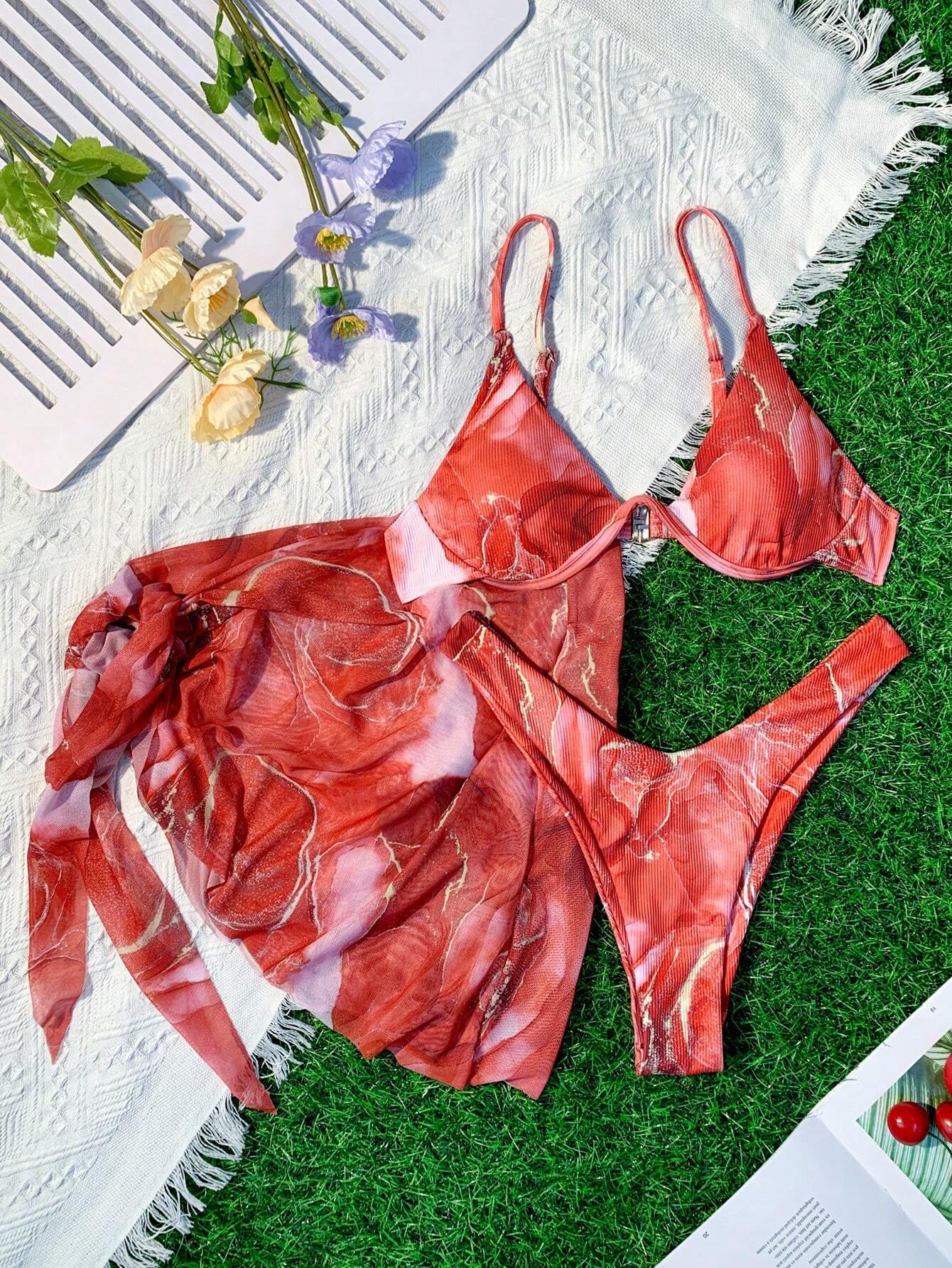 Swim Vcay Marble Print Ribbed Bikini Set Underwire Cami Bra &amp; Cheeky Bottom &amp; Beach Skirt 3 Piece Bathing Suit