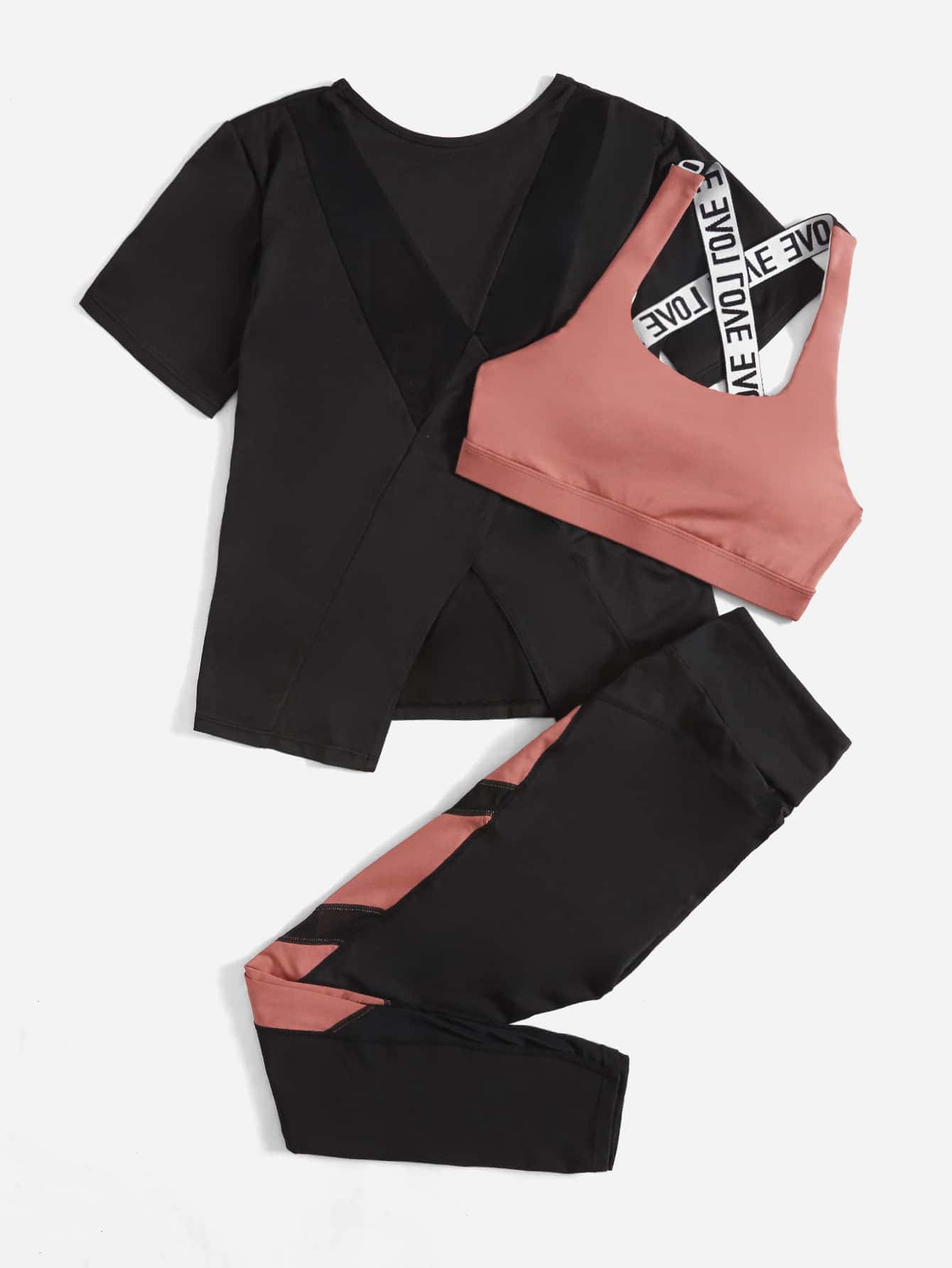 Yoga Future 3pcs Contrast Letter Tape Colorblock Asymmetrical Hem Sports Set