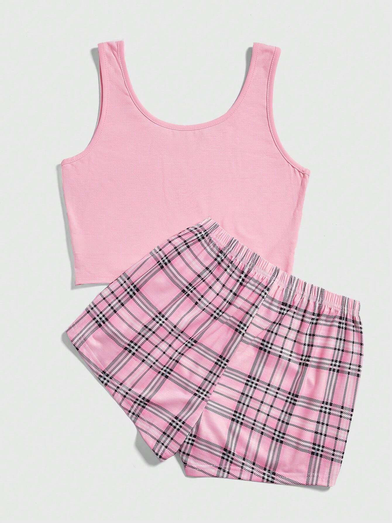 ROMWE Solid Color Sleeveless Top &amp; Plaid Shorts Casual Pajama Set