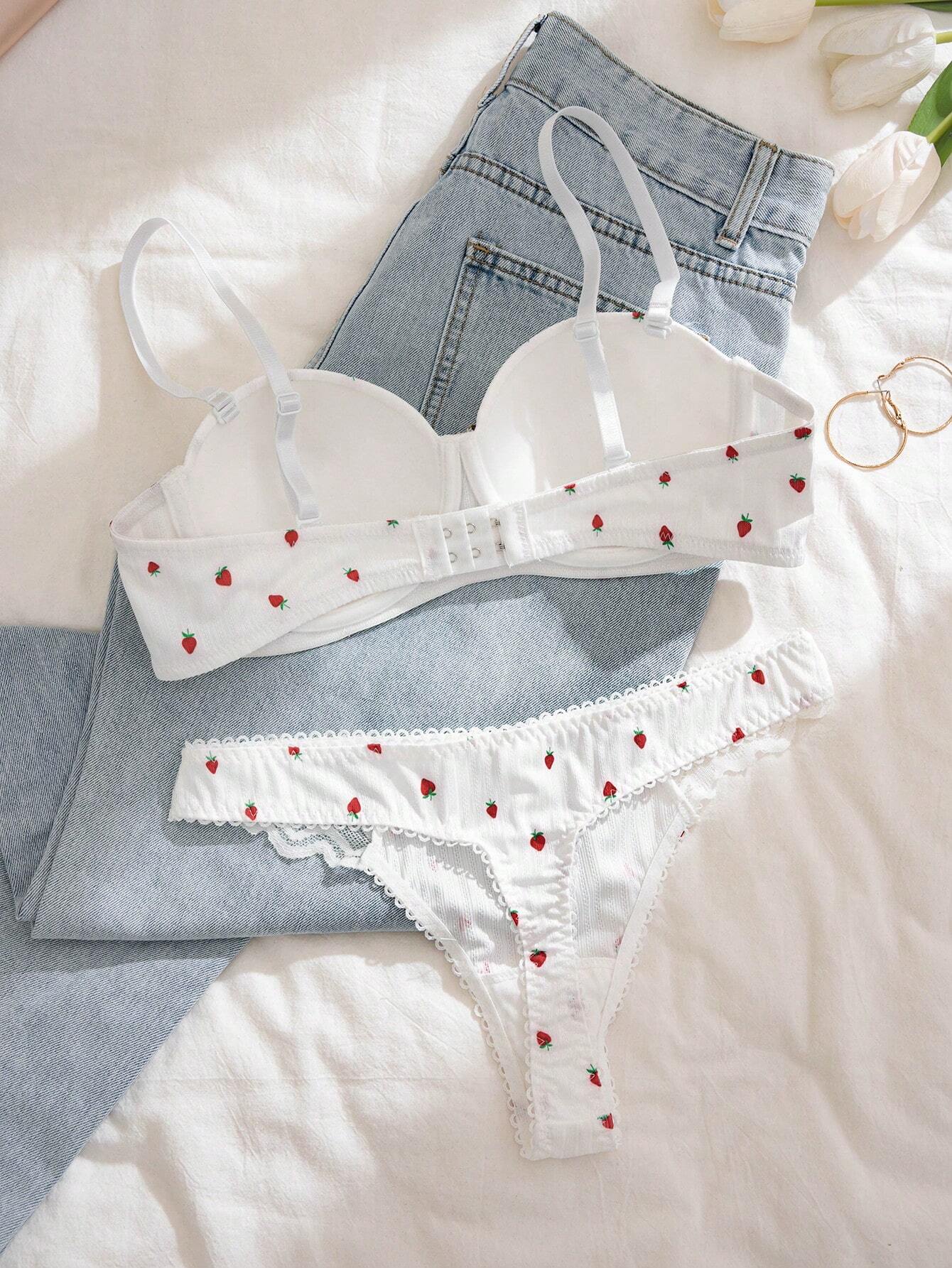 Floral Print Lettuce Trim Underwire Bra &amp; Panty Lingerie Set