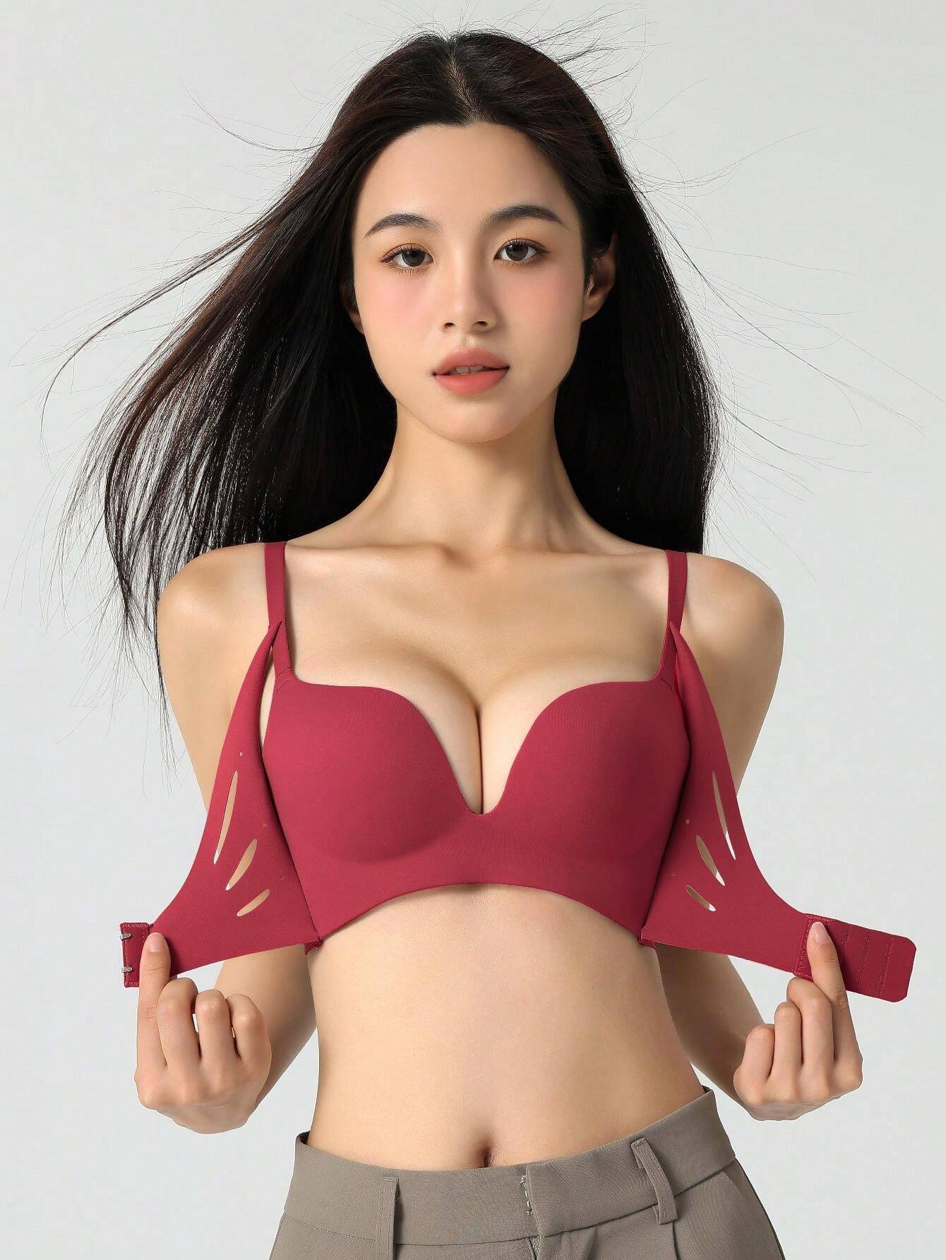 Brown Front Close No Wire Padded Push-Up Bra For Flat Chest Women