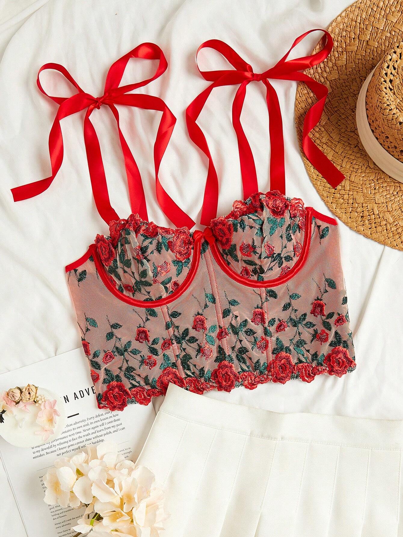 Floral Embroidery Mesh Overlay Tie Shoulder Cami Top Lingerie