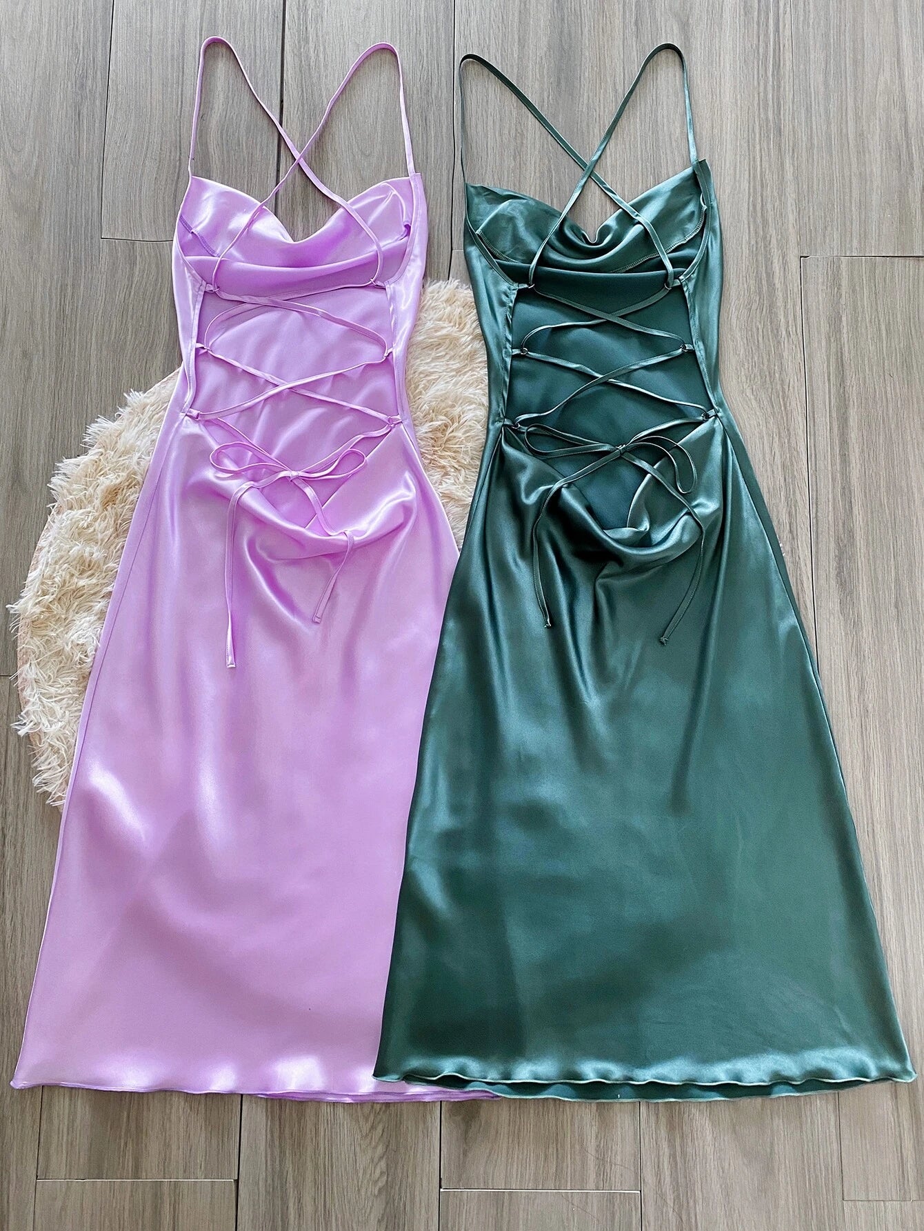 2pcs Lace Up Backless Satin Sleep Dress Pajama Dress