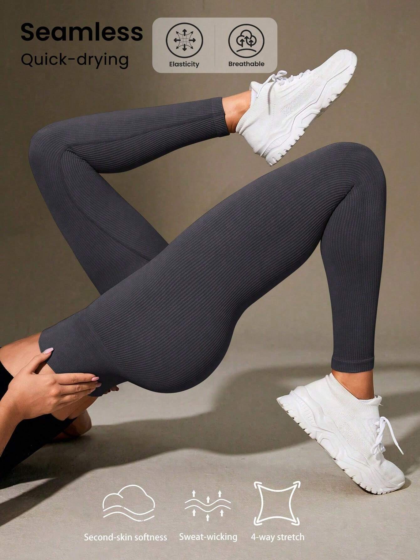 Yoga Basic Solid Wideband Waist Sports Leggings Dark Grey