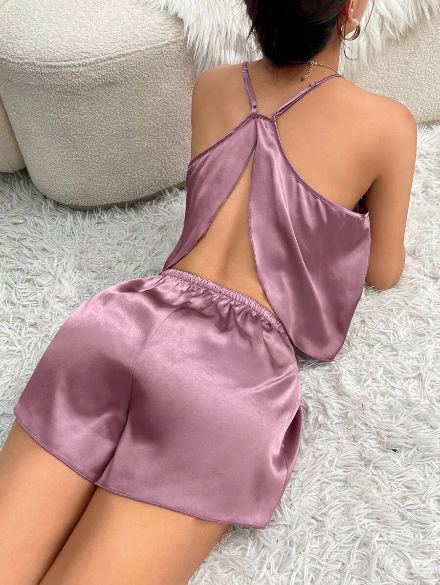 Solid Asymmetrical Hem Satin PJ Set
