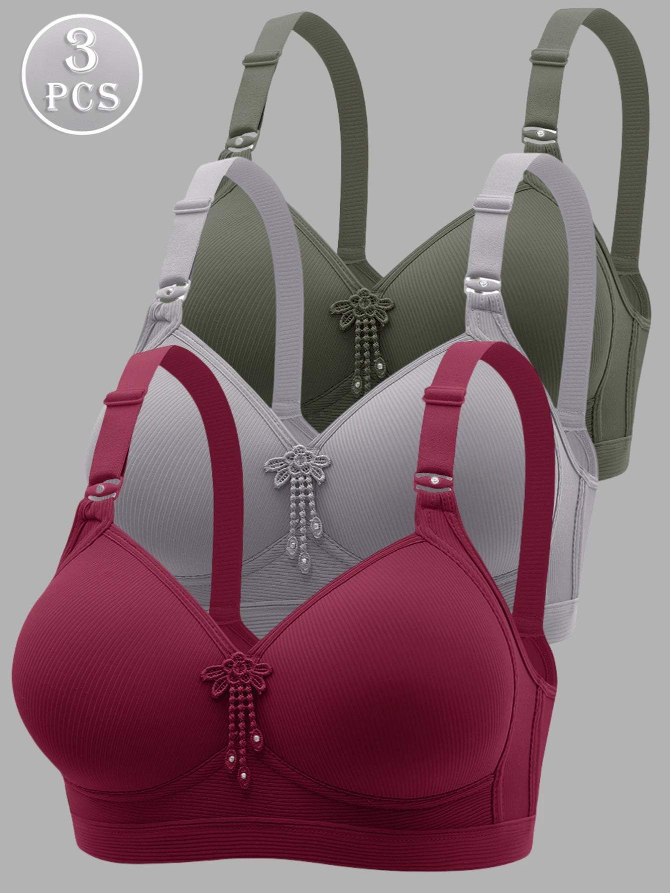 3pcs Women's Solid Color Wireless Comfortable Breathable Push-Up Bra