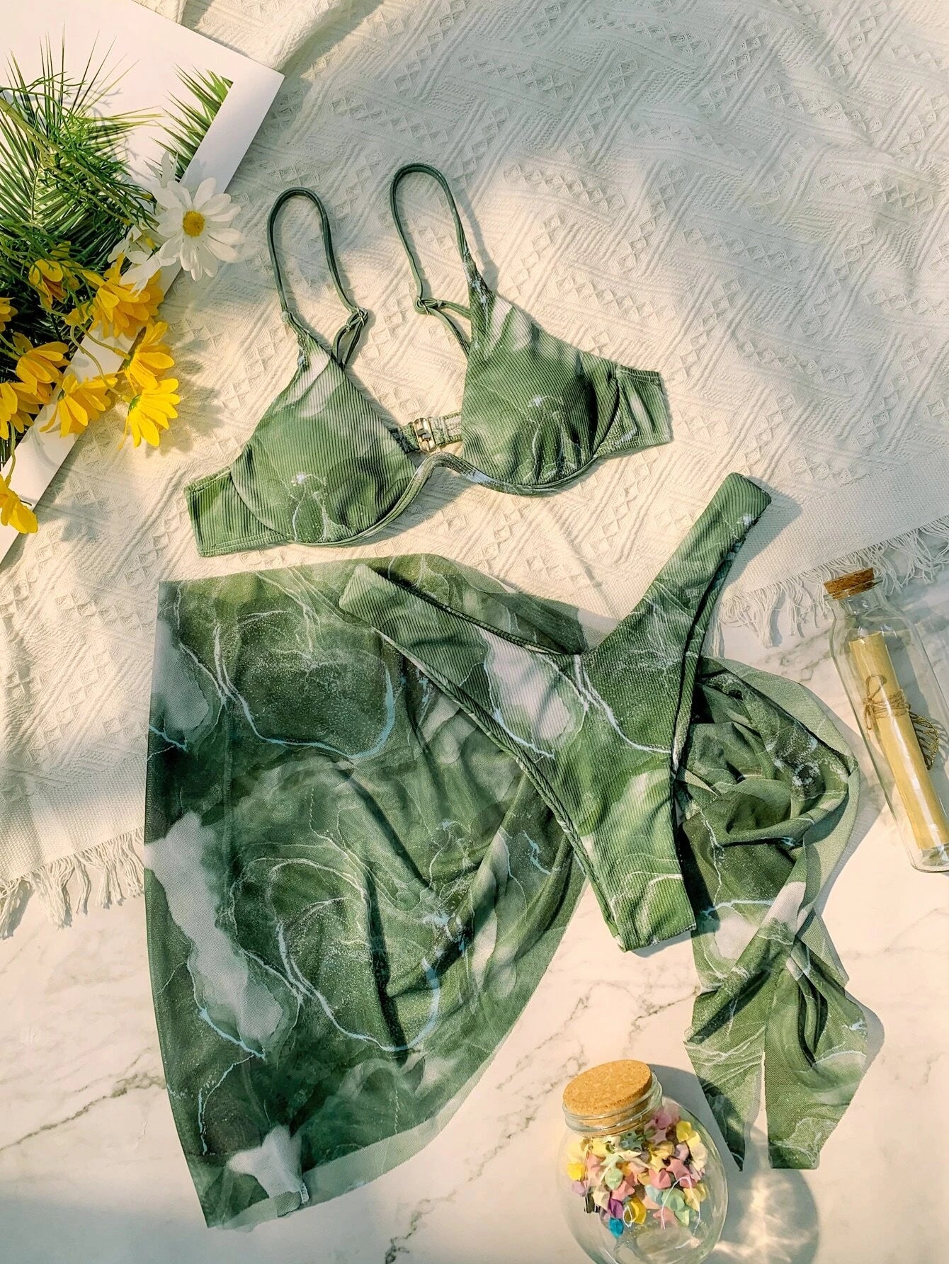 Swim Vcay Marble Print Ribbed Bikini Set Underwire Cami Bra &amp; Cheeky Bottom &amp; Beach Skirt 3 Piece Bathing Suit