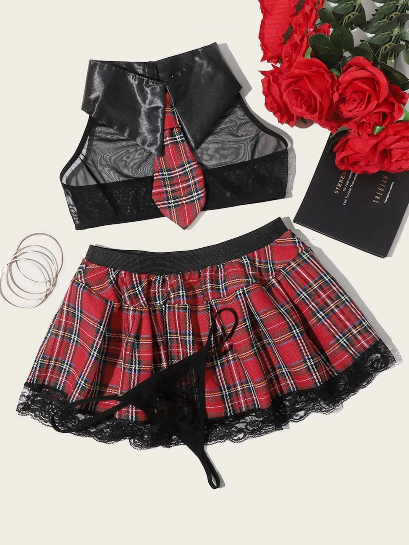 Tartan School Costume Set With Thong Multicolor